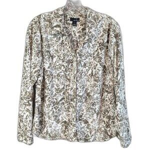 Erika Women's LARGE Green Safari Floral Blouse Button-up Roll Tab Sleeve Boho